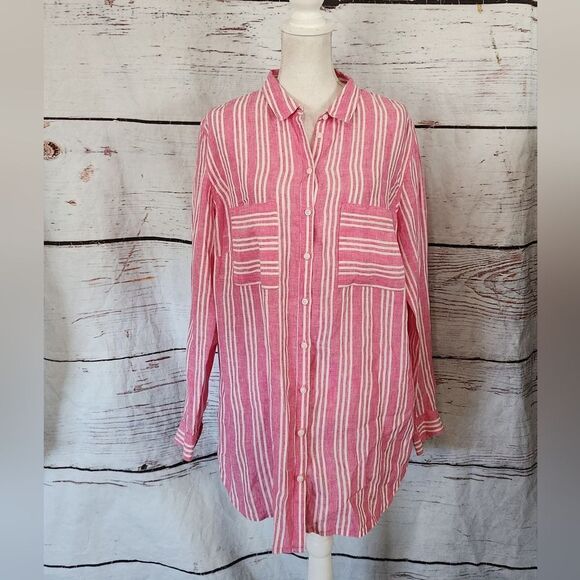 Boden Striped Linen Button Down Top Size 14L - Picture 2 of 6